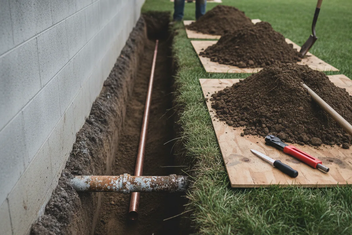 Excavated water line trench during Sewer Line Repair in Plympton